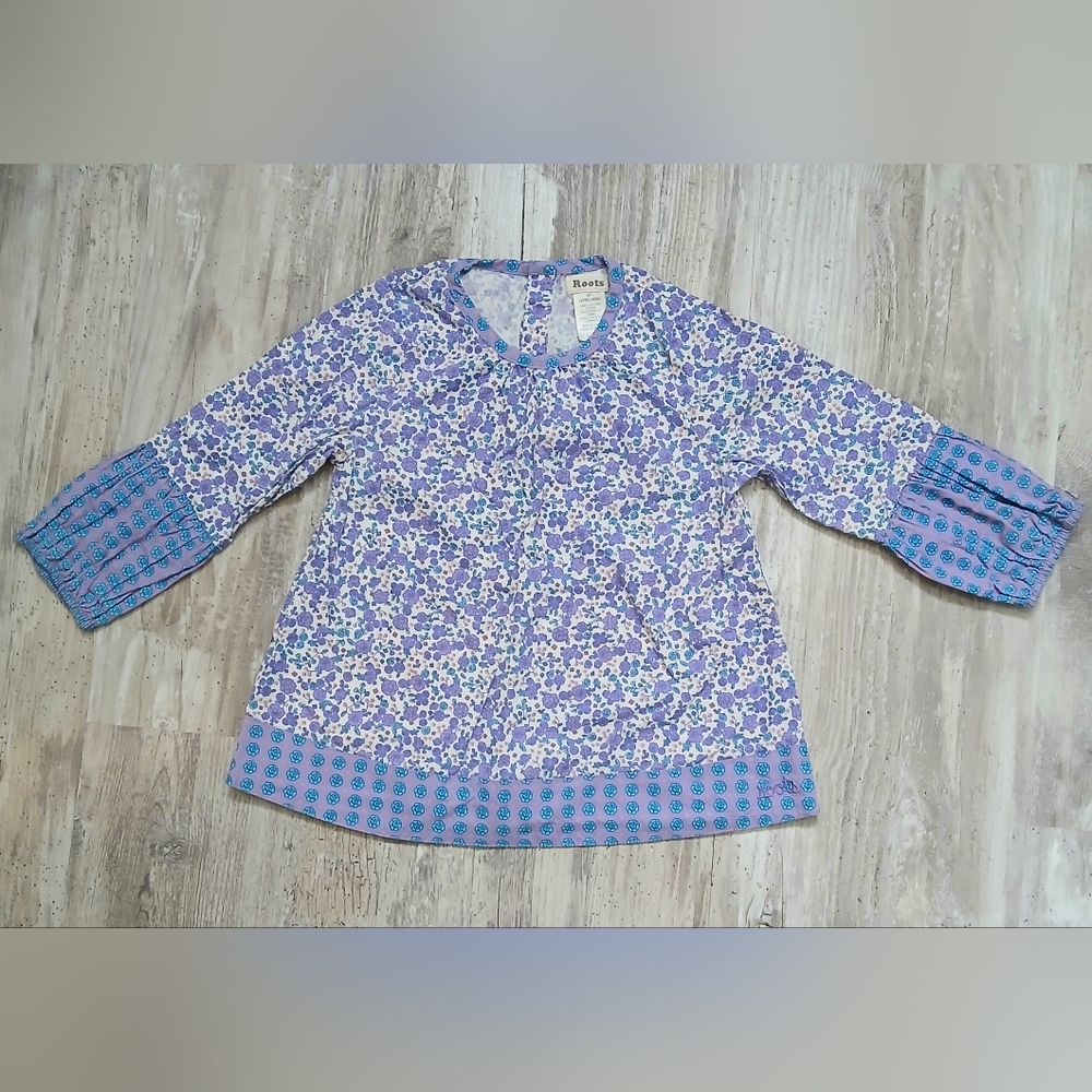Roots Girls Size 4 Floral Long Sleeve Top Purple Blue Patterned Trim Bell Sleeve